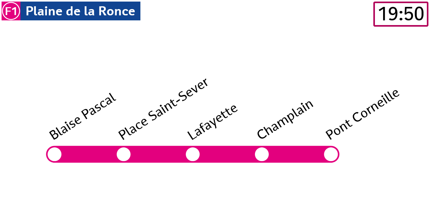 Écran présentant un plan avec le nom des 5 prochains arrêts de la ligne