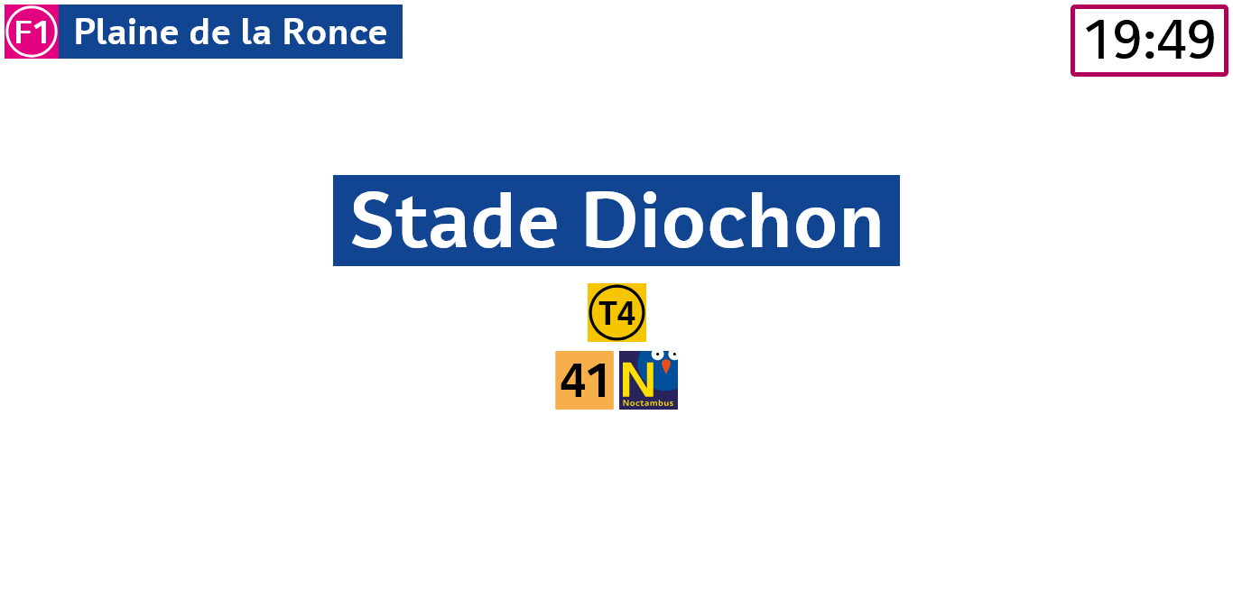 Écran d'indication de la prochaine station et de ses lignes en correspondance